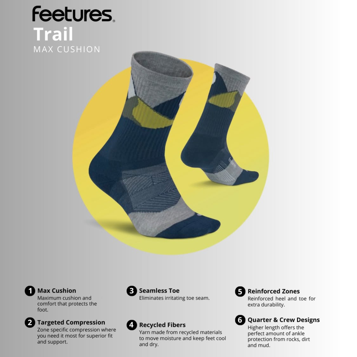 Feetures Trail Max Cushion Mini Crew Gray Sock